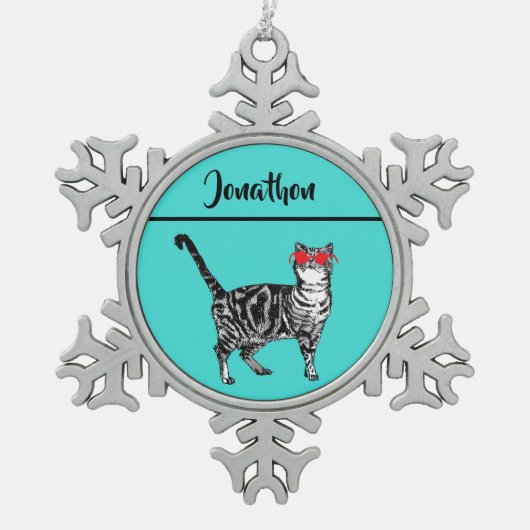 Tabby katten 'One Cool Cat' Aqua Boys Tin Sneeuwvlok Ornament (Voorkant)