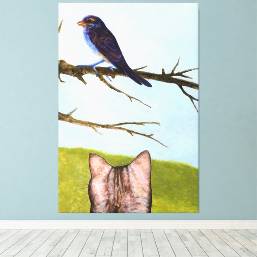 Tabby katten praten met vogels canvas afdruk (Insitu (Houten vloer))