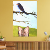 Tabby katten praten met vogels canvas afdruk (Insitu (Woonkamer))