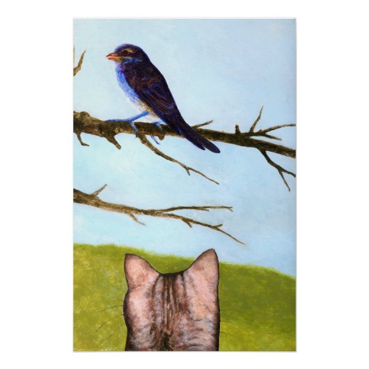 Tabby katten praten met vogels perfect poster (Voorkant)