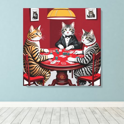 Tabby katten spelen poker canvas afdruk (Insitu (Houten vloer))