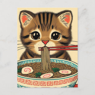 Tabby Kitten Eating Ramen Woodblock Print Briefkaart