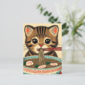 Tabby Kitten Eating Ramen Woodblock Print Briefkaart (Staand voorkant)