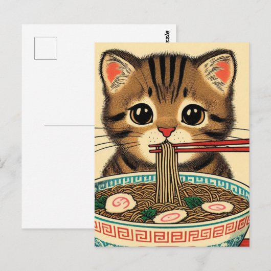 Tabby Kitten Eating Ramen Woodblock Print Briefkaart (Voorkant / Achterkant)