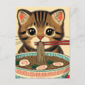 Tabby Kitten Eating Ramen Woodblock Print Briefkaart (Voorkant)