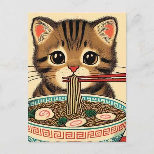 Tabby Kitten Eating Ramen Woodblock Print Briefkaart (Voorkant)