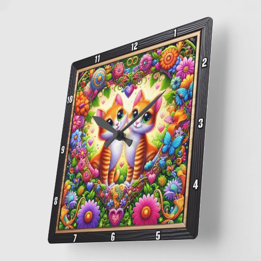 Tabby Kitten Floral Heart Wall Vierkante Klok (Hoek)