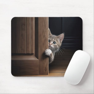 Tabby kitten gluren rond een houten deur muismat