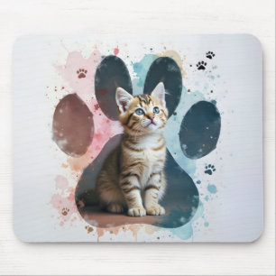 Tabby Kitten in een Waterverf Paw Print Muismat