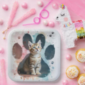 Tabby Kitten in een Waterverf Paw Print Papieren Bordje (Feest)