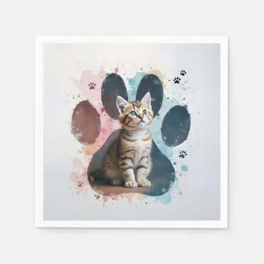 Tabby Kitten in een Waterverf Paw Print Servet (Voorkant)