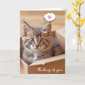 Tabby kitten in kartonnen doos denken aan u kaart (Gele Bloem)