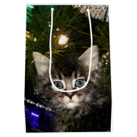 Tabby kitten in kerstboom medium cadeauzakje (Achterkant)