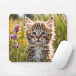 Tabby kitten in land weide muismat