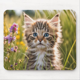 Tabby kitten in land weide muismat