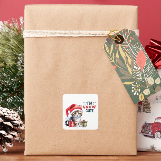 Tabby Kitten In Santa Hoed Vrolijk Kerstfeest Vierkante Sticker (Feestdagen)