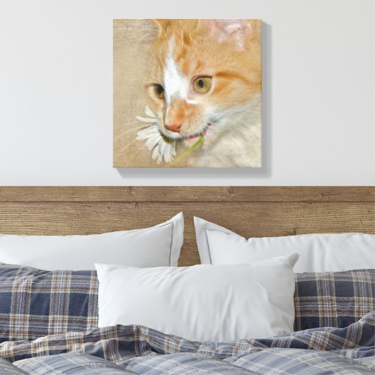 Tabby kitten met madeliefje canvas afdruk (Insitu (Slaapkamer))