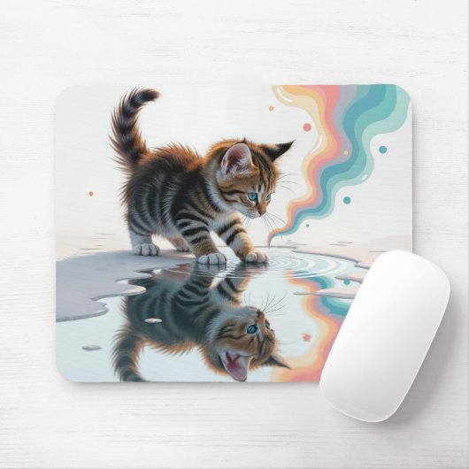 Tabby kitten reflectie in een plas muismat (Met muis)