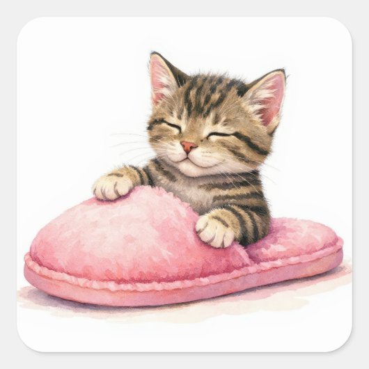 Tabby Kitten Sleeping in a Pink Slipper Vierkante Sticker (Voorkant)