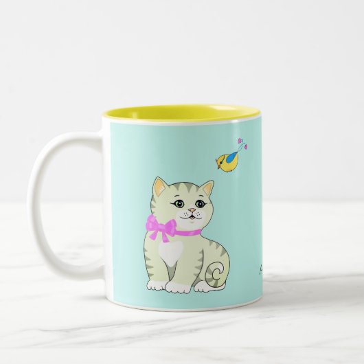 Tabby Kitty Cat & Little Bird on Light Blue Tweekleurige Koffiemok (Links)