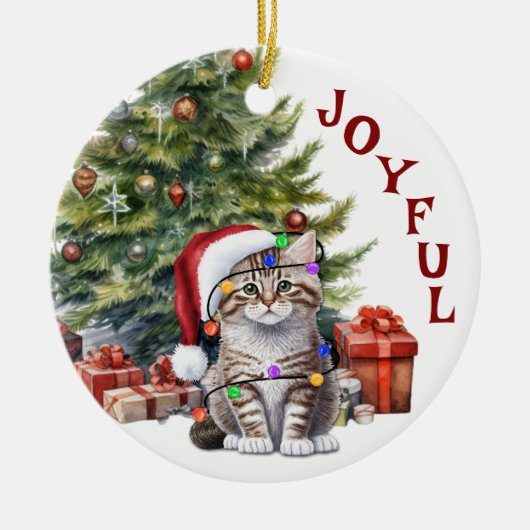Tabby Kitty kat in kerstverlichting voor kleinkind Keramisch Ornament (Voorkant)