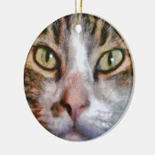 Tabby met lange adem: sluit portret af keramisch ornament (Links)