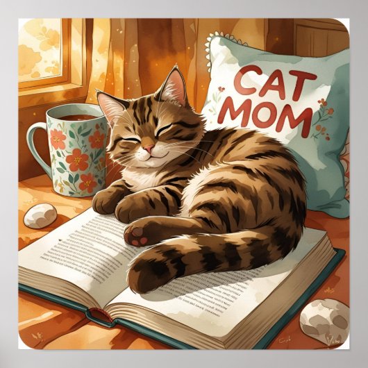 Tabby op een boek - Waterverf Cat Lover Scene Poster (Voorkant)