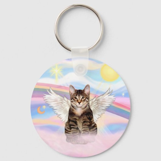 Tabby Tiger Cat Angel in Clouds Sleutelhanger (Voorkant)
