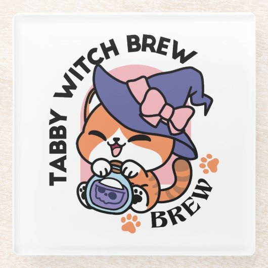 Tabby Witch Brew – Cute Halloween Cat Design Glazen Onderzetter (Voorkant)