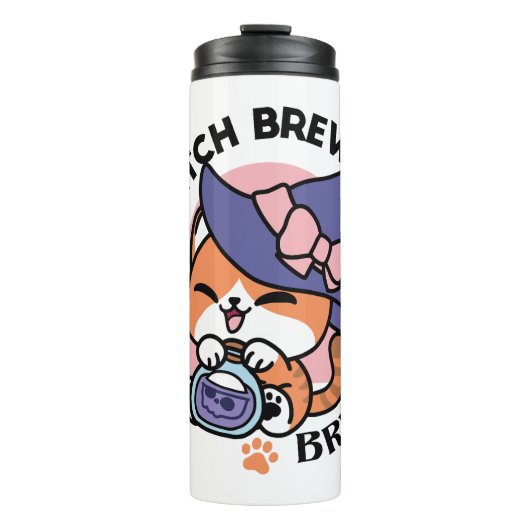 Tabby Witch Brew – Cute Halloween Cat Design Thermosbeker (Voorkant)