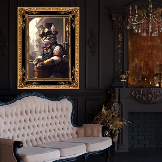 Tabbykat in een steampunk outfit AI-systeem Foto Afdruk