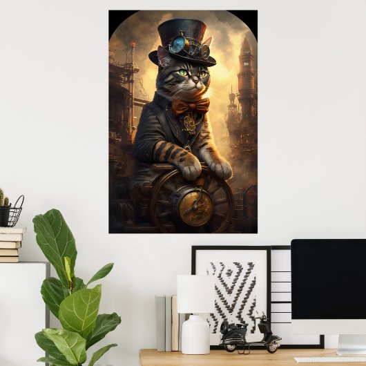 Tabbykat in een steampunk outfit AI-systeem Poster (Thuiskantoor)