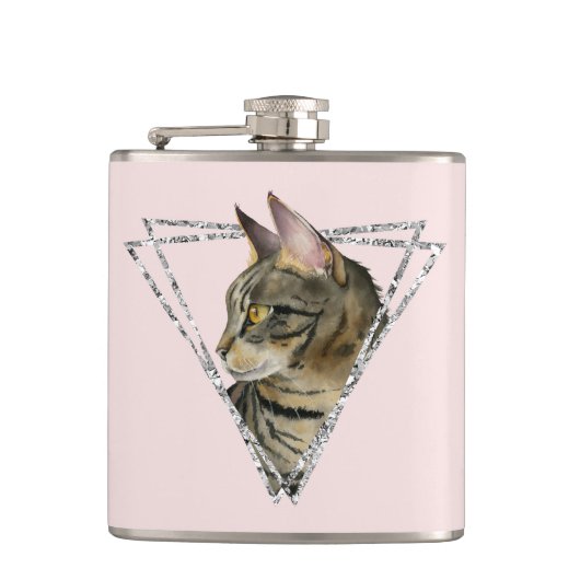 Tabbykat met zilvergeometrische glitter heupfles (Voorkant)