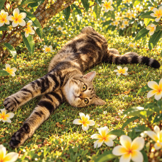 Tabbykat Ontspant Tussen Plumeria Bloemen Kussen
