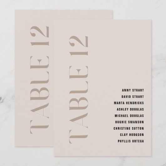 Tabel 12 Modern Bold Beige Trouwtafel Nummer Kaart (Voorkant / Achterkant)