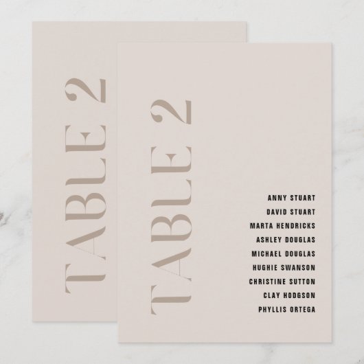 Tabel 2 Modern Bold Beige Trouwtafel Nummer Kaart (Voorkant / Achterkant)