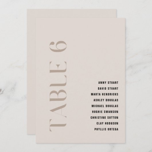 Tabel 6 Modern Bold Beige Trouwtafel Nummer Kaart (Voorkant / Achterkant)