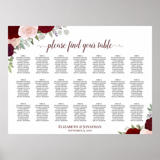 Tabel Burgundy Blush Boho Floral Seating Chart Poster (Voorkant)