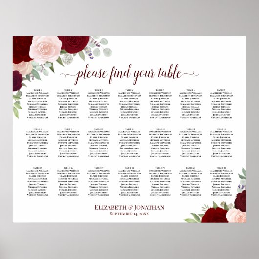 Tabel Burgundy Blush Boho Floral Seating Chart Poster (Voorkant)