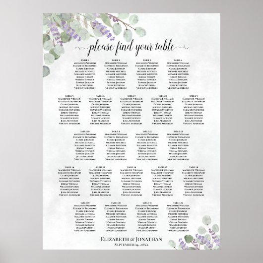 Tabel Lavender Eucalyptus Wedding Seating Chart Poster (Voorkant)