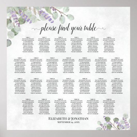 Tabel Lavender Eucalyptus Wedding Seating Chart Poster (Voorkant)