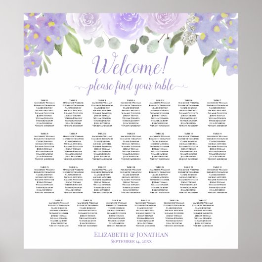 Tabel lavender Floral Wedding Seating Chart Poster (Voorkant)