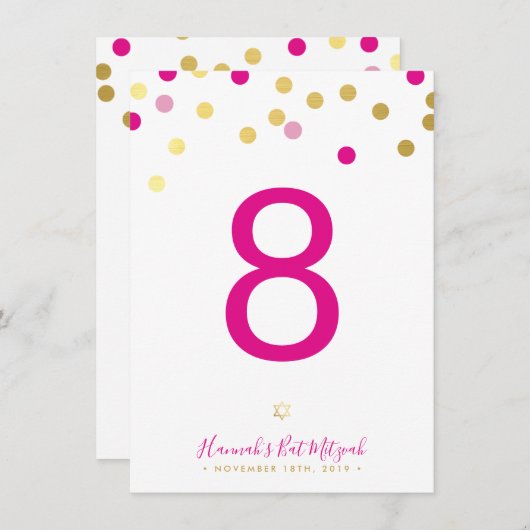 TABEL NUMMER Bat Mitswa glamconfetti goud roze Kaart (Voorkant / Achterkant)