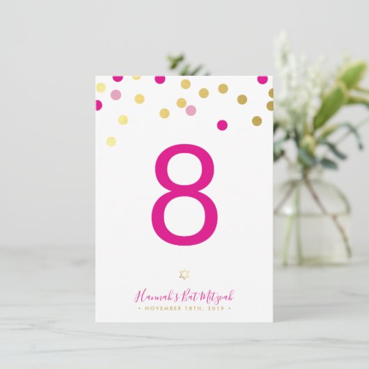 TABEL NUMMER Bat Mitswa glamconfetti goud roze Kaart (Staand voorkant)