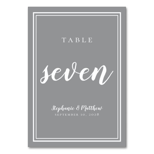 Tabel nummer zeven | Grijs Wit Huwelijksreceptie Kaart (Voorkant)