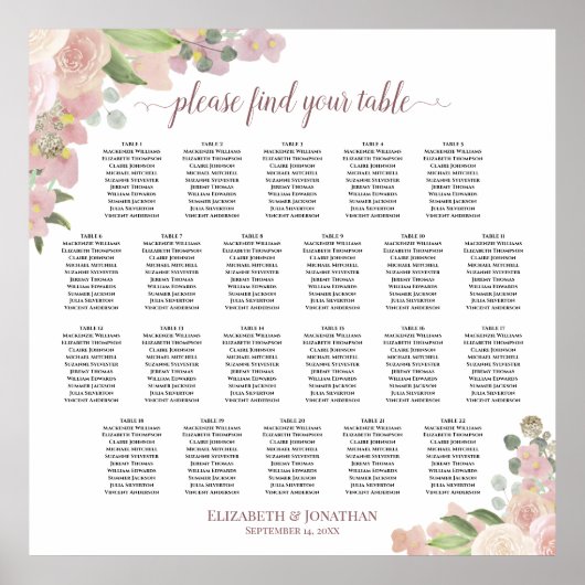 Tabel Rustic Pink Floral Wedding Seating Chart Poster (Voorkant)