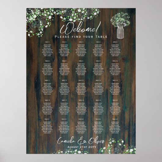 Tabel Rustic Wood Gypsophila SEATING CHART Poster (Voorkant)