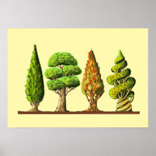 tabel van drie gesculptuurde bomen digitaal dessin poster