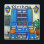 Tabel voor twee in Griekenland Magnet<br><div class="desc">Een kleurrijke,  romantische scène op een Taverna in mooi Griekenland met die mooie Griekse Blues.</div>