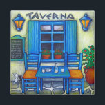 Tabel voor twee in Griekenland Magnet<br><div class="desc">Een kleurrijke,  romantische scène op een Taverna in mooi Griekenland met die mooie Griekse Blues.</div>